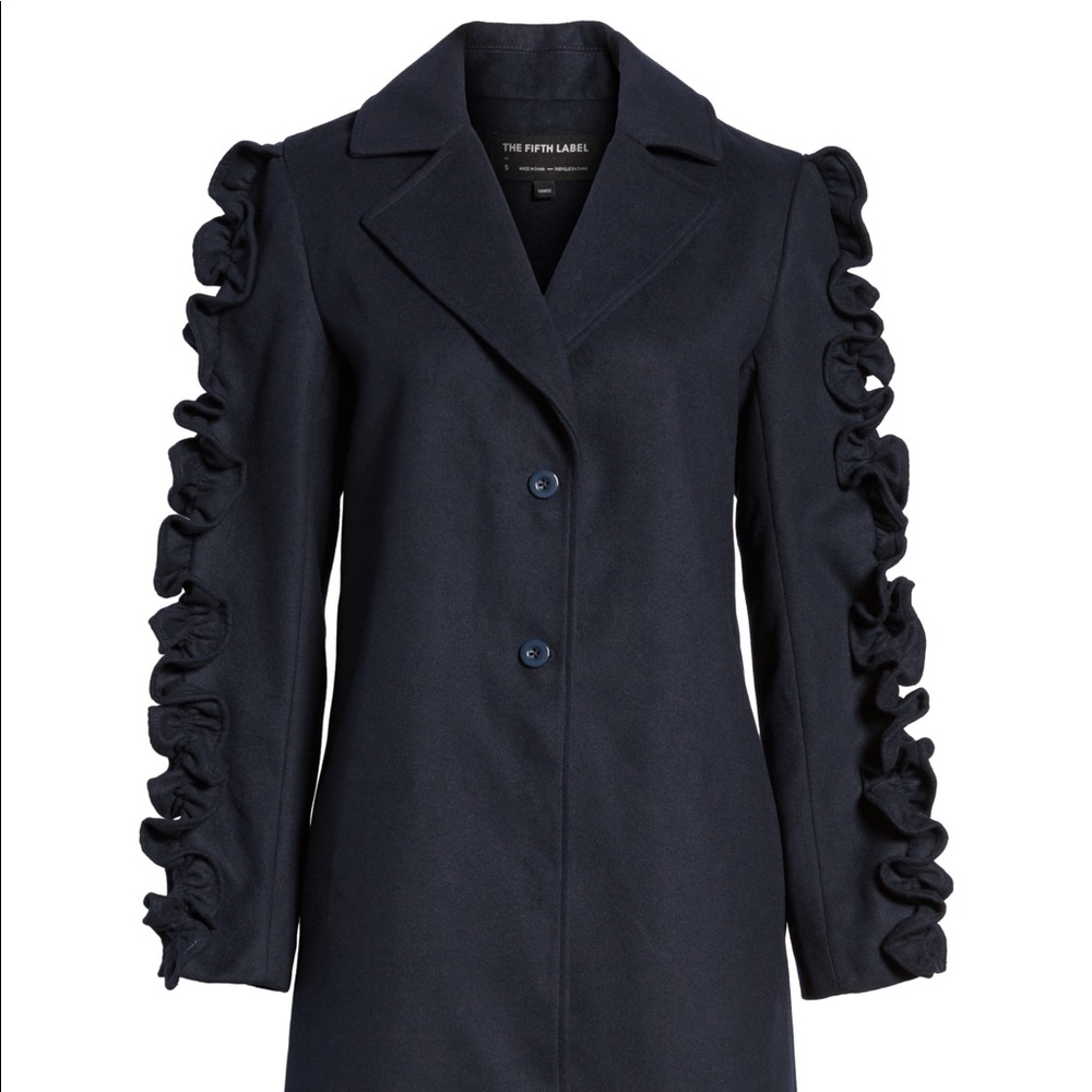 Navy Ruffled Sleeve Long Coat -Anthropologie